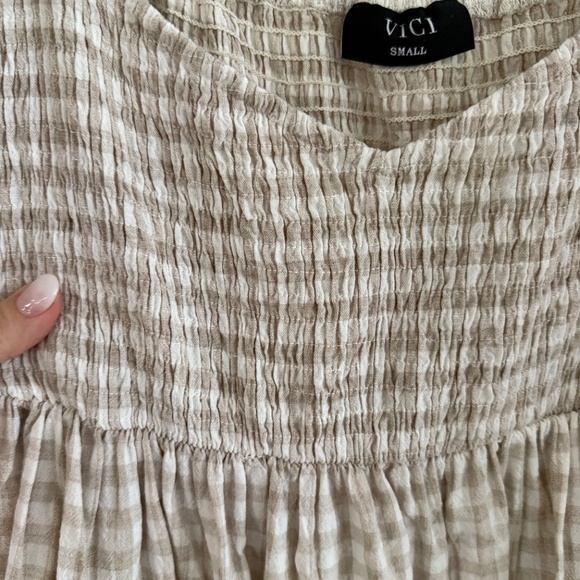 Tan Gingham Off the Shoulder Dress - Picture 2 of 3